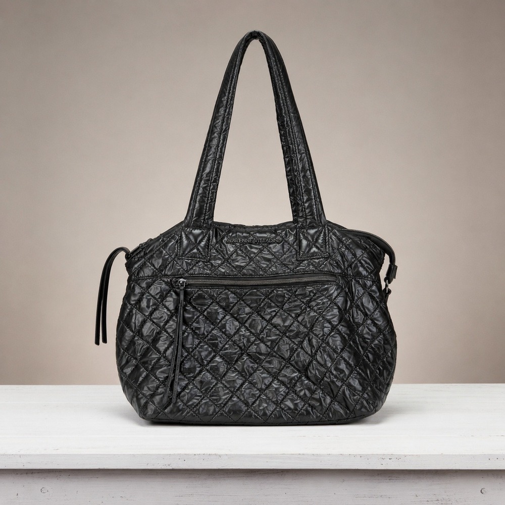 Quilted Puffer Tote Bag Adrienne Vittadini M Commuter Lightweight Black Nylon